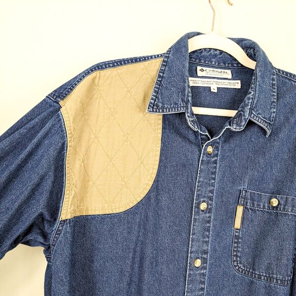 Vintage Columbia Button Up Shirt L Blue Tan Work Workwear 90s Jean Denim Western - Picture 3 of 9